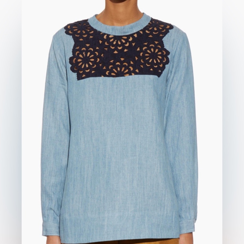 Sea new york Lace-trimmed denim chambray blouse